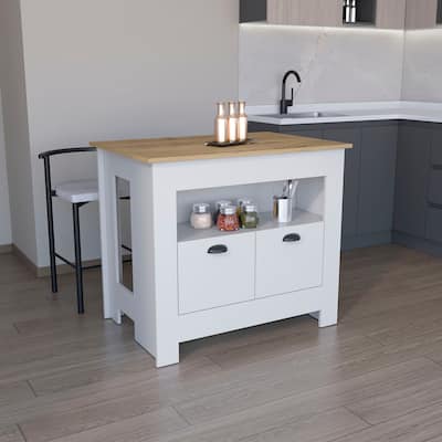 Stylish Kitchen Island with Cabinet Storage, Open Shelving, and Durable Wood Construction for Organized Cooking Spaces