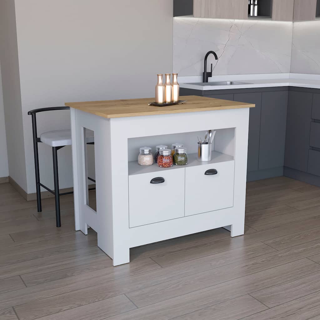 Stylish Kitchen Island with Cabinet Storage, Open Shelving, and Durable Wood Construction for Organized Cooking Spaces