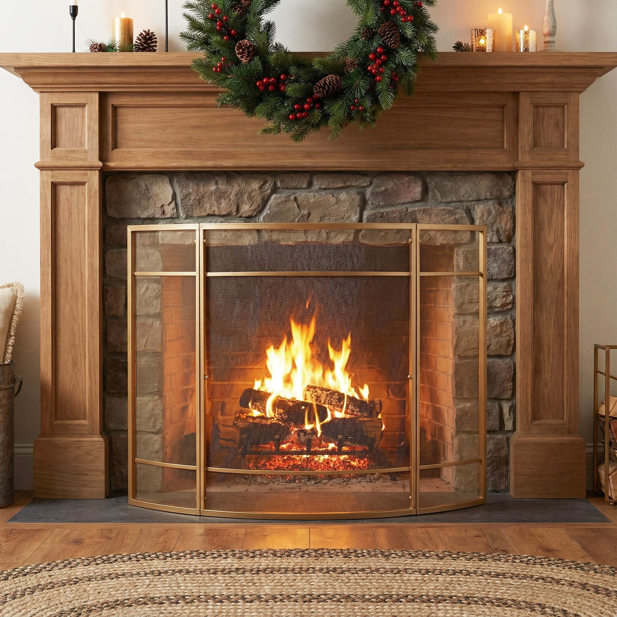 Roomfitters Regina 1-Panel Curved Iron Fireplace Screen with Grid Pattern