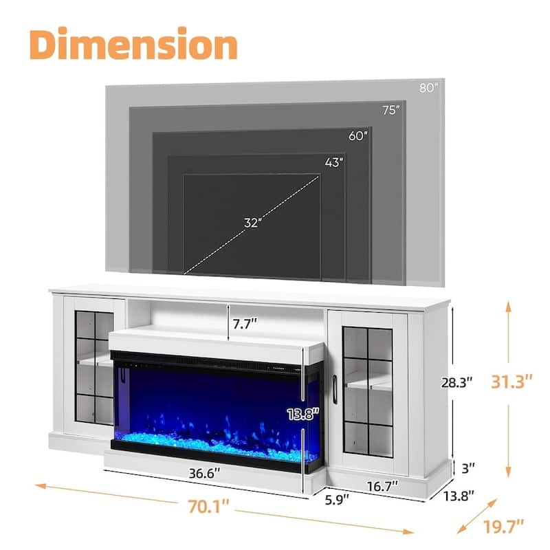 Erommy Entertainment Center with Adjustable Glass Shelves and Built-in Electric Fireplace - 70"