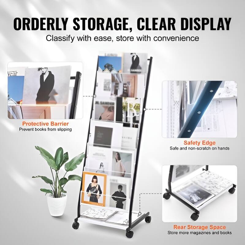 6-Tier Brochure Display Rack with Wheels, Floor Magazine Stand - 20.87 x 17.32 x 52.76 in
