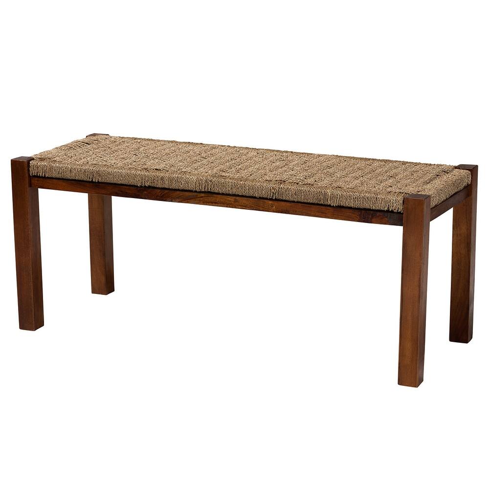Hermes Mid-Century Modern Transitional Natural Seagrass and Mahogany Wood Bench