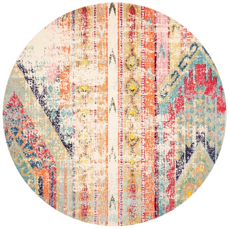 SAFAVIEH, Madison Sonya Abstract Boho Distressed Rug - 3' Round - Blue/Orange