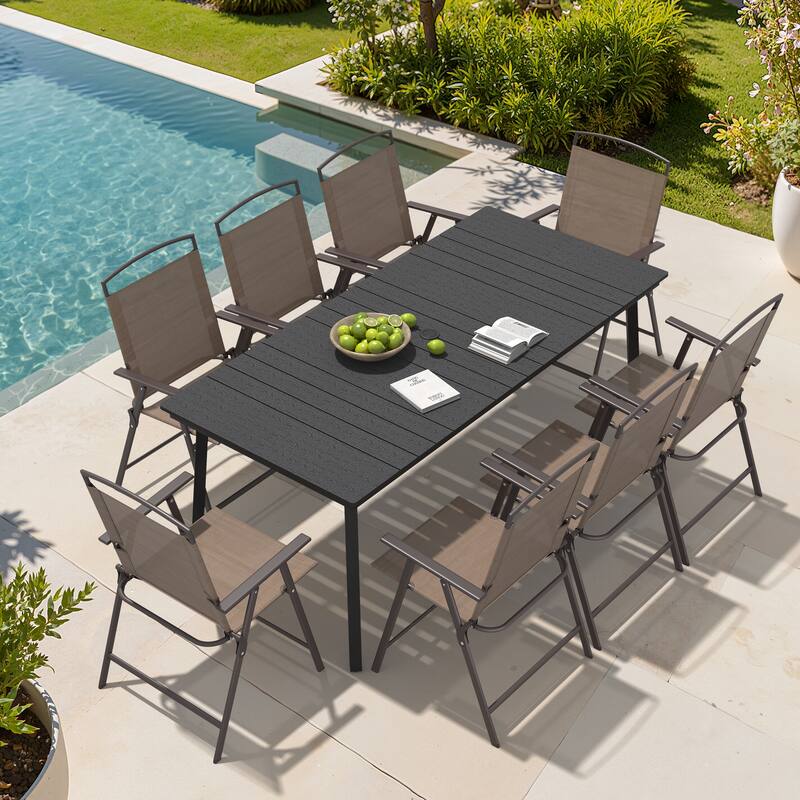 9-Piece Outdoor Dining Set Rectangle Patio Dining Table with Umbrella Hole and Folding Chairs - Black Table with Brown Chairs