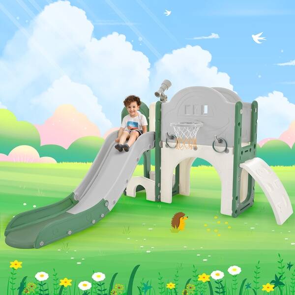 slide 2 of 18, Kids Slide Playset Structure 7 in 1, Freestanding Spaceship Set with Slide, Arch Tunnel, Ring Toss and Basketball Hoop Green
