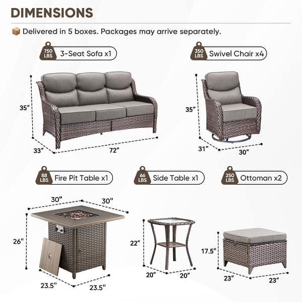 dimension image slide 10 of 11, Pocassy Outdoor Wicker Sofa with Swivel Chair Fire Pit Table Furniture Set.