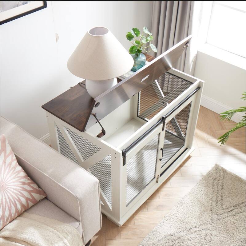 Flip-Top Plate Dog House Dog Cage Crate Furniture with Sliding Barn Door, Dog Kennel End Table with Detachable Divider