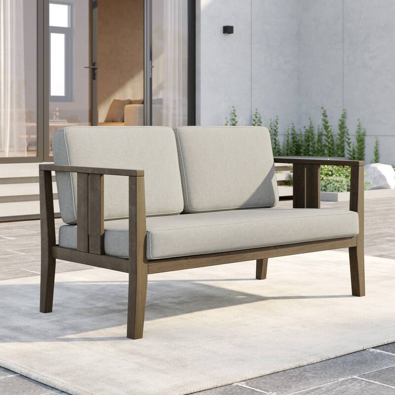 Outdoor Teak Solid Wood Patio Furniture Set Loveseat Armchair Table Collection - Loveseat - Naturalframe-Light Camel