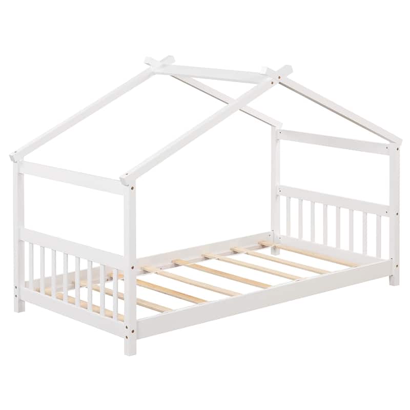 Costway Twin Size House Bed with Roof Wooden Low Floor Bed No Box