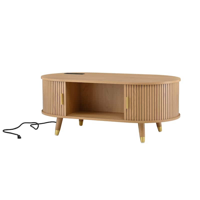 Mid-Century 42.5" Oval Coffee Table with Charging Station and Sliding Doors for Modern Living Room Decor