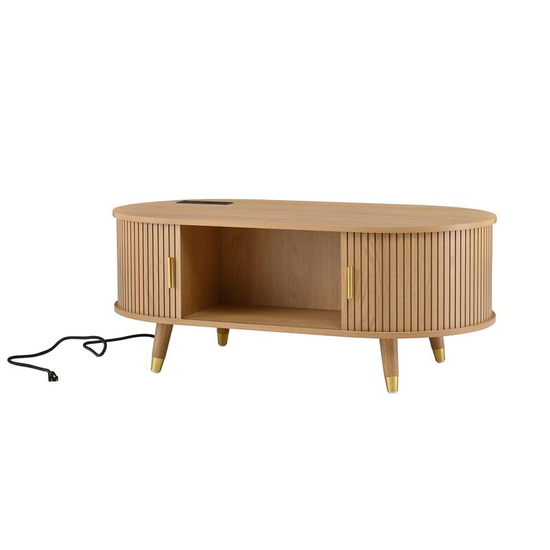 Wooden TV Stand and Coffee Table Set of 2, Sliding Door TV Cabinet TV Console with Charging Station for TVs up to 80", Natural