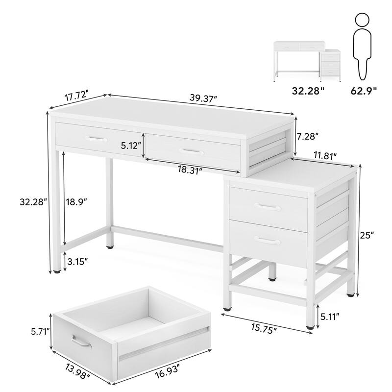 Modern Computer Desk with 5 Drawers, Home Office Desks with Reversible Drawer Cabinet Printer Stand