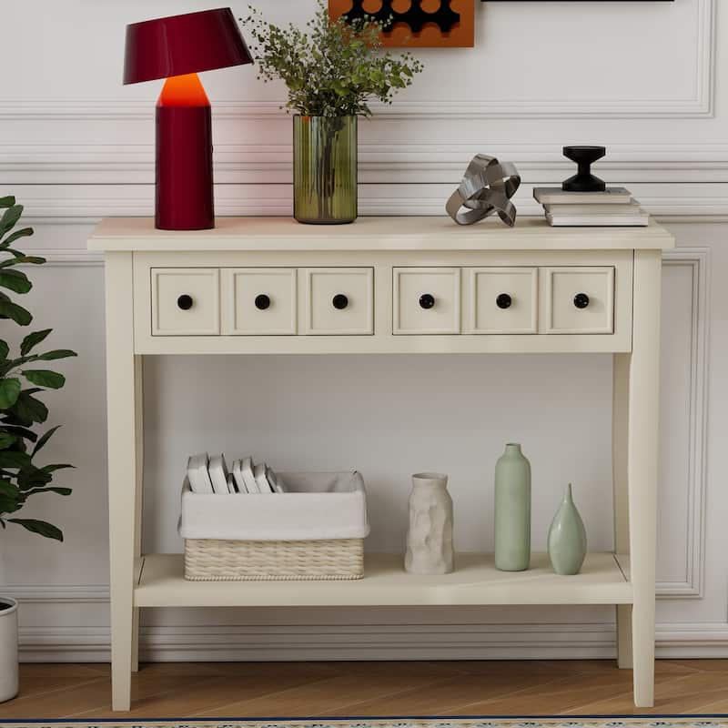 Rustic Console Table with Open Shelf and Rubber Wood Legs