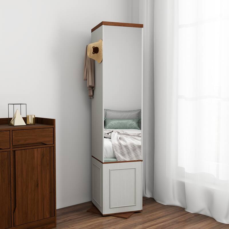 360°Rotating Storage Cabinet with Full-Length Mirror,total of 8 open shelves on both sides,One Side Hooks,1 Door with a Shelve