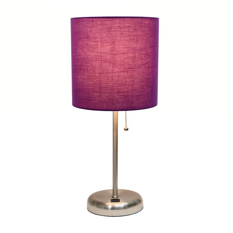 19.5 in. Brushed Steel Finish Table Lamp with Purple Shade, Durable Stick Lamp for End/Side Tables
