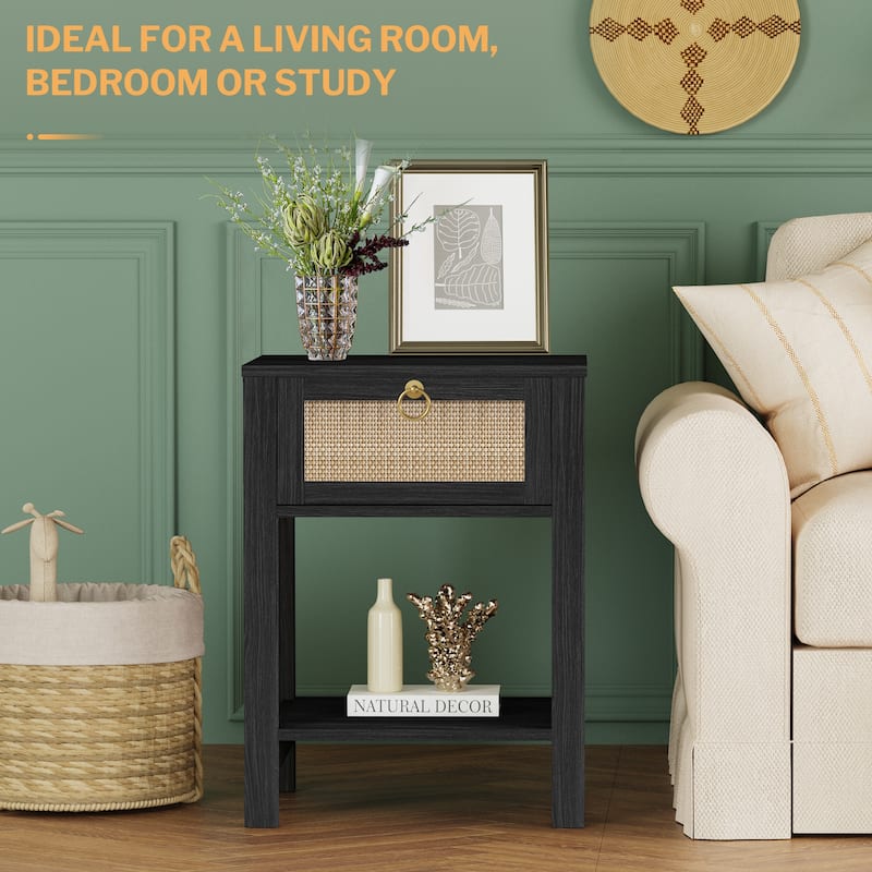 SICOTAS Farmhouse 1-Drawer Rattan Nightstand Set of 2