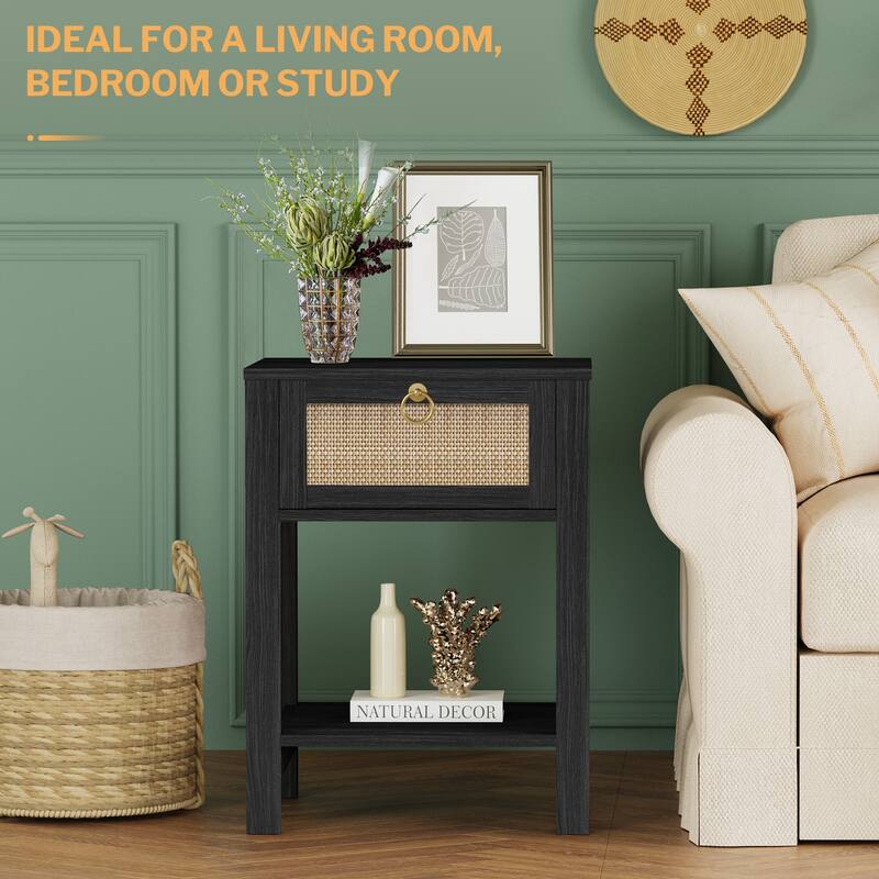 SICOTAS Farmhouse 1-Drawer Rattan Nightstand