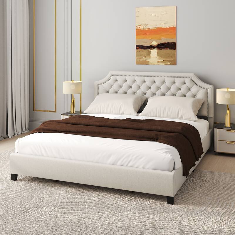 Moasis Upholstered Tufted Bed Frame with Adjustable Height Headboard - Linen Beige - King
