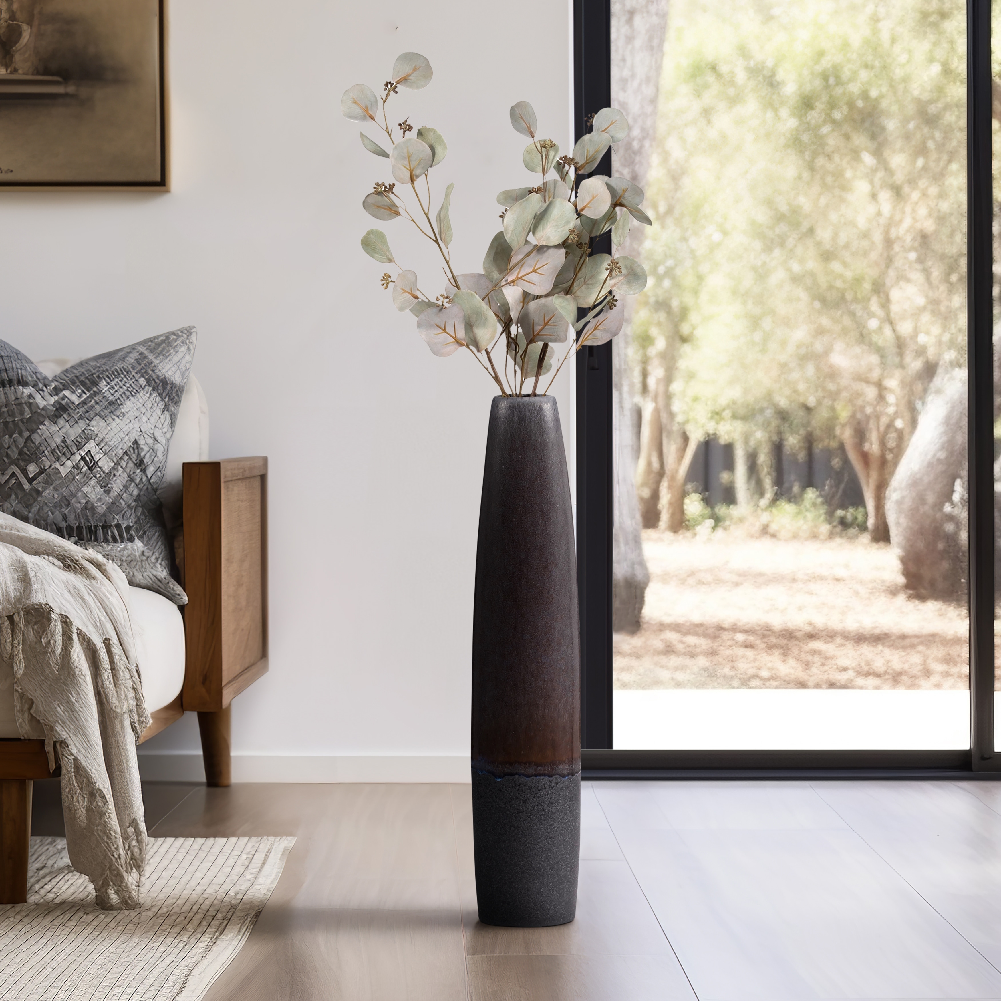 Sagebrook Home Neader Stoneware Floor Vase - Cylinder, Two-tone, Timeless Black, Perfect for Home Decor Accents