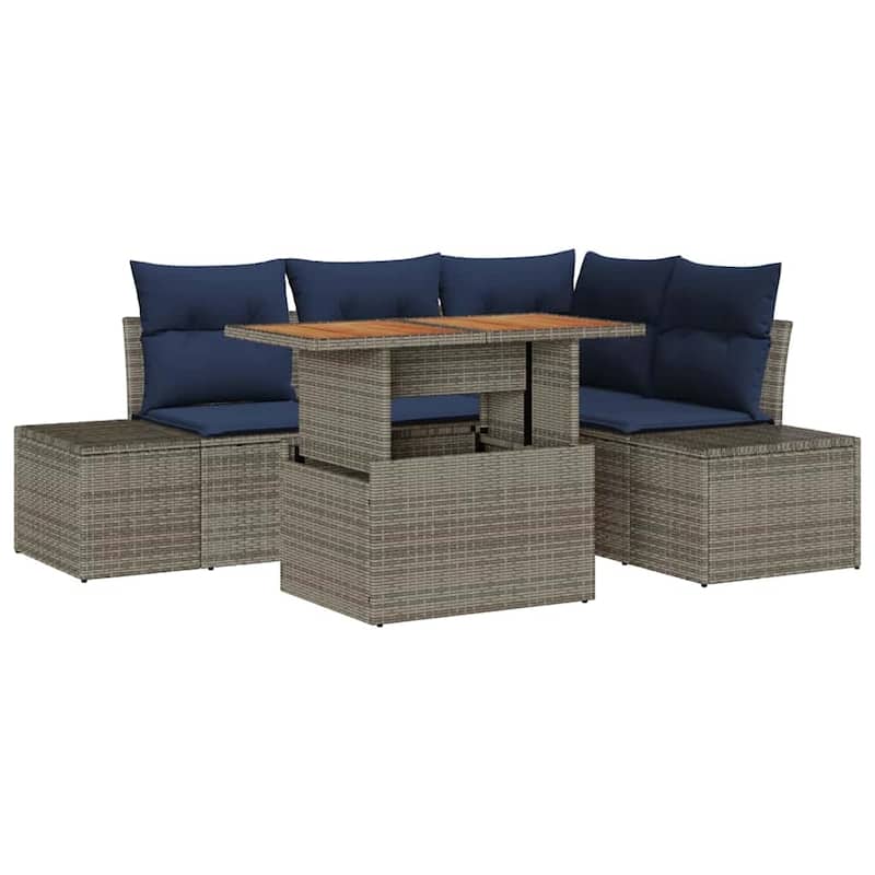 vidaXL 5 Garden Sofa Set with Cushions Black/Grey Poly Rattan - 82.3 x 60.6 x 27.2