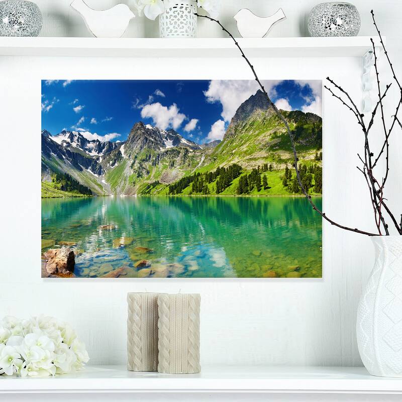 Designart - Bright Day Mountain Lake Photography Canvas Art Print - 20 in. wide x 12 in. high