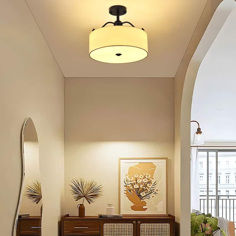 3-Light Modern Fabric Drum - Shaped Semi Flush Mount Ceiling Light - Matte Black