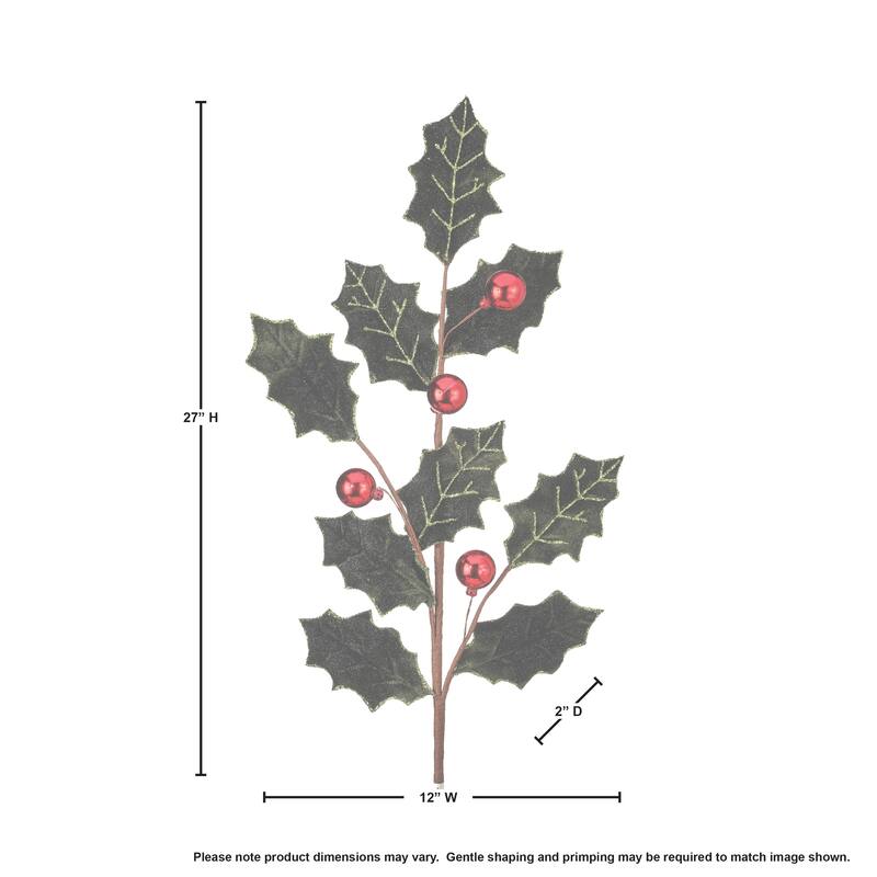 27" Velvet Holly Leaf Spray With Ball Set of 3