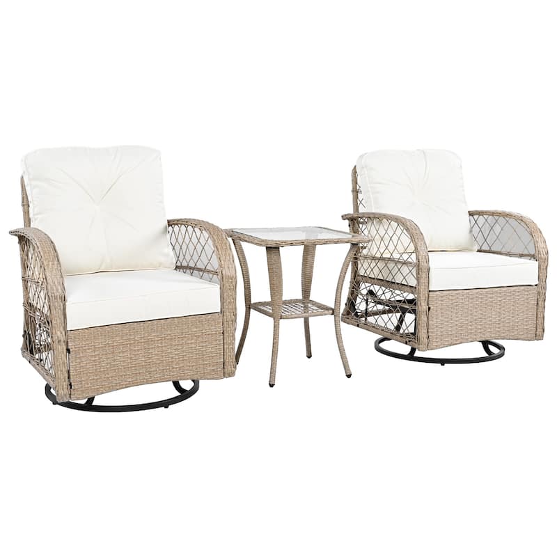 3-Piece Outdoor Chair Table Set Chat with Square Table & 2 Swiveling Chairs Set 2-person Rattan Seating Group for Garden