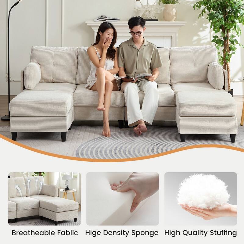 Mixoy W89inch U-Shaped Corduroy Sectional Sofa with Reversible Ottoman,Upholstered 4-Seater Sofa