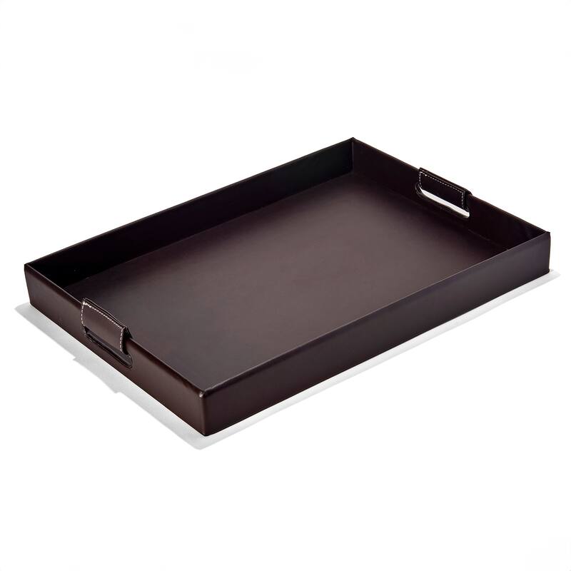Faux Leather Rectangular Tray with Handles - Dark Brown
