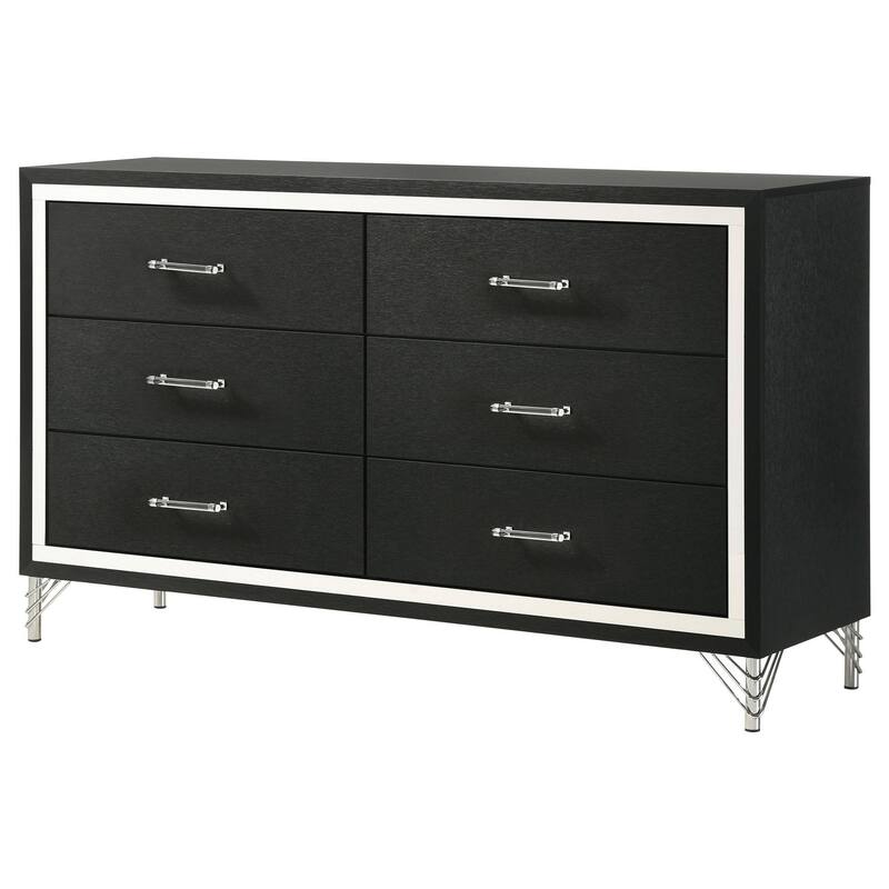 Jenny Wide Dresser, 6 Drawers and Chrome Accents, Modern Black Tone