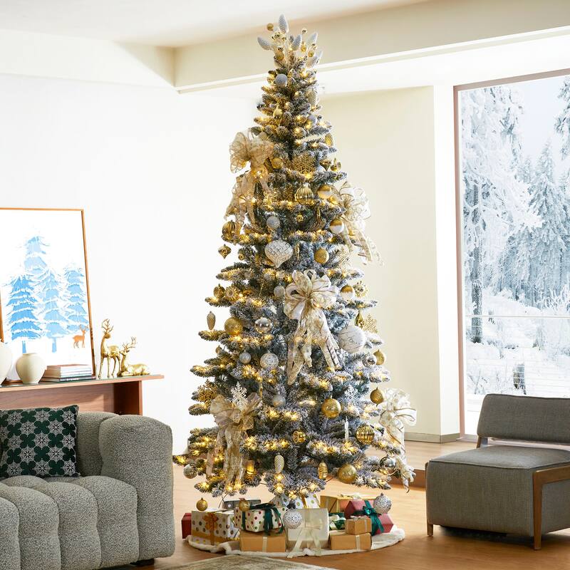 Glitzhome 7.5ft/9ft Pre-Lit Flocked Slim Spruce Artificial Christmas Tree with Warm White Lights