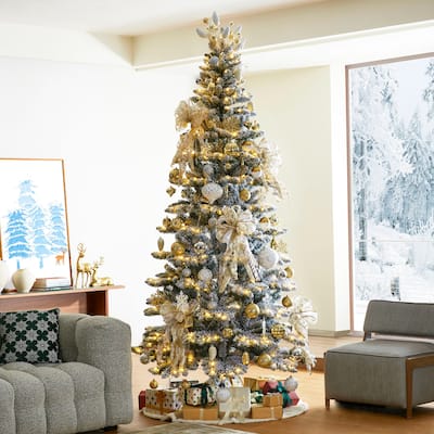 Glitzhome 7.5ft/9ft Pre-Lit Flocked Slim Spruce Artificial Christmas Tree with Warm White Lights