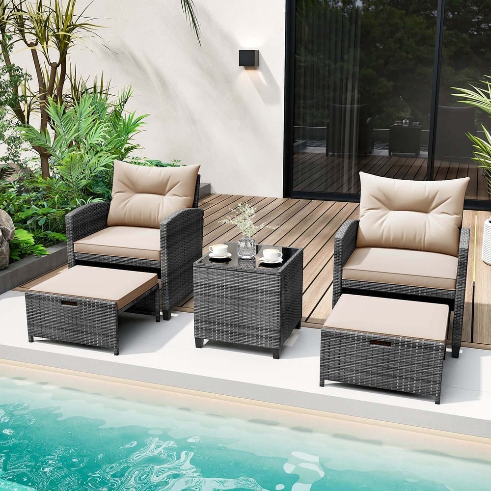 Costway 5 Piece Patio Rattan Furniture with 2 Ottomans & Tempered - See Details