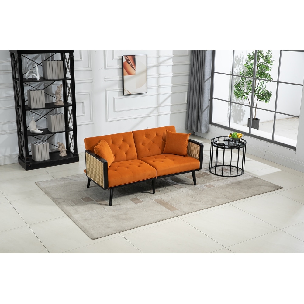 Orange Sofa Bed Velcro Fixed Arms Sleeper Loveseat w/ Coffee Table