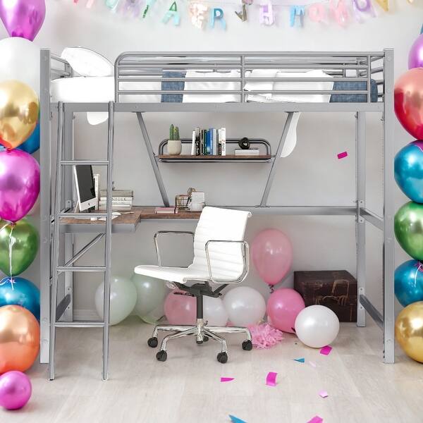 slide 2 of 12, Modern Twin Size Metal MDF Loft Bed With Built-in Desk And Shelf for Bedroom Silver