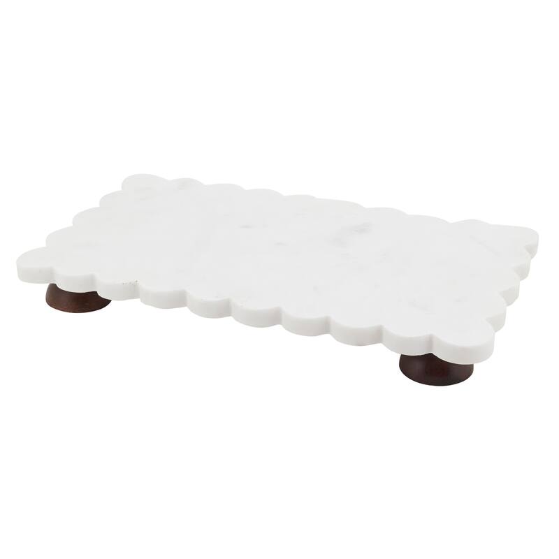 Scalloped Marble Tray with Mango Wood Feet - Decorative Display Stand for Kitchen, Bath & Entertaining - 14"x8"x1.5" - 14"x8"x1.5"