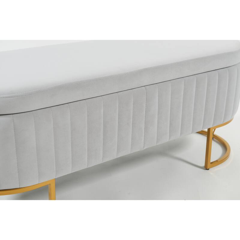 Oval Velvet Storage Bench with Metal Legs - Upholstered Bedroom Bench, Modern Storage Ottoman Bench for Living Room or Bedroom