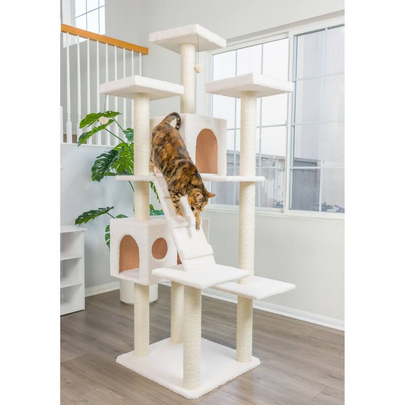Classic Real Wood Cat Tree In Ivory,Multi Levels With Ramp - Ivory - Ivory