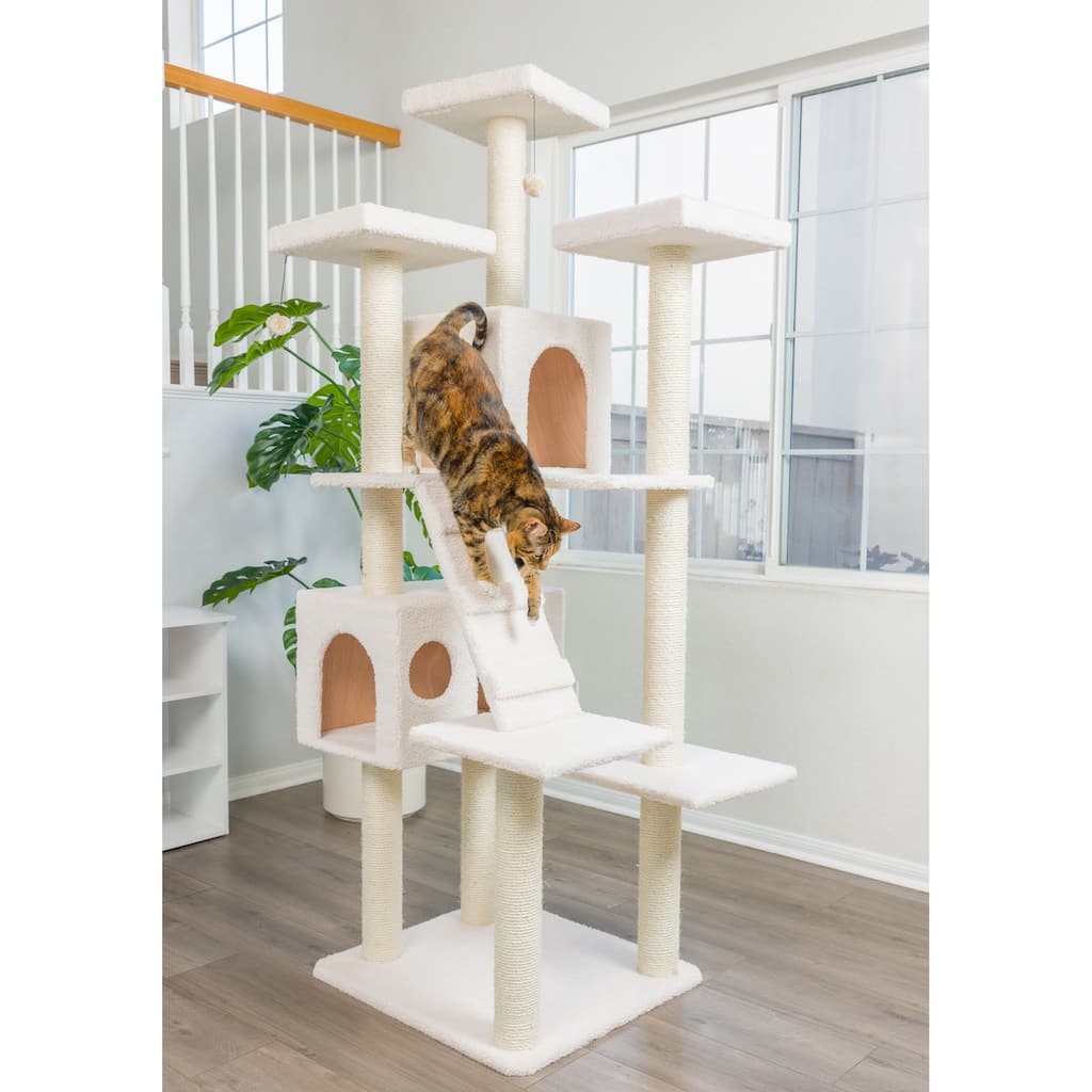 Classic Real Wood Cat Tree In Ivory,Multi Levels With Ramp - Ivory