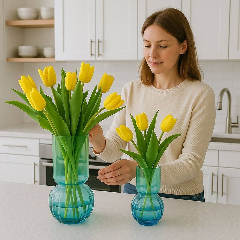 Two-Tone Green and Blue Set of 2 Bubble Shaped Modern Glass Vases
