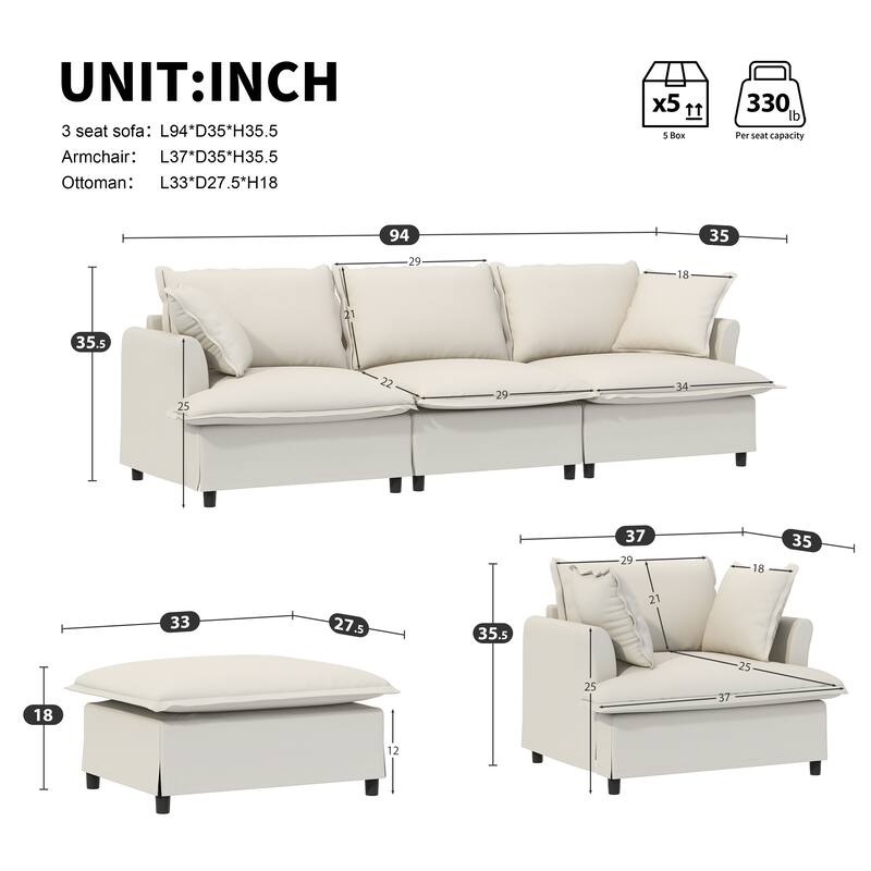 3-Piece Chenille Modular 5-Seat Sectional Set with Ottoman & Spring Cushions