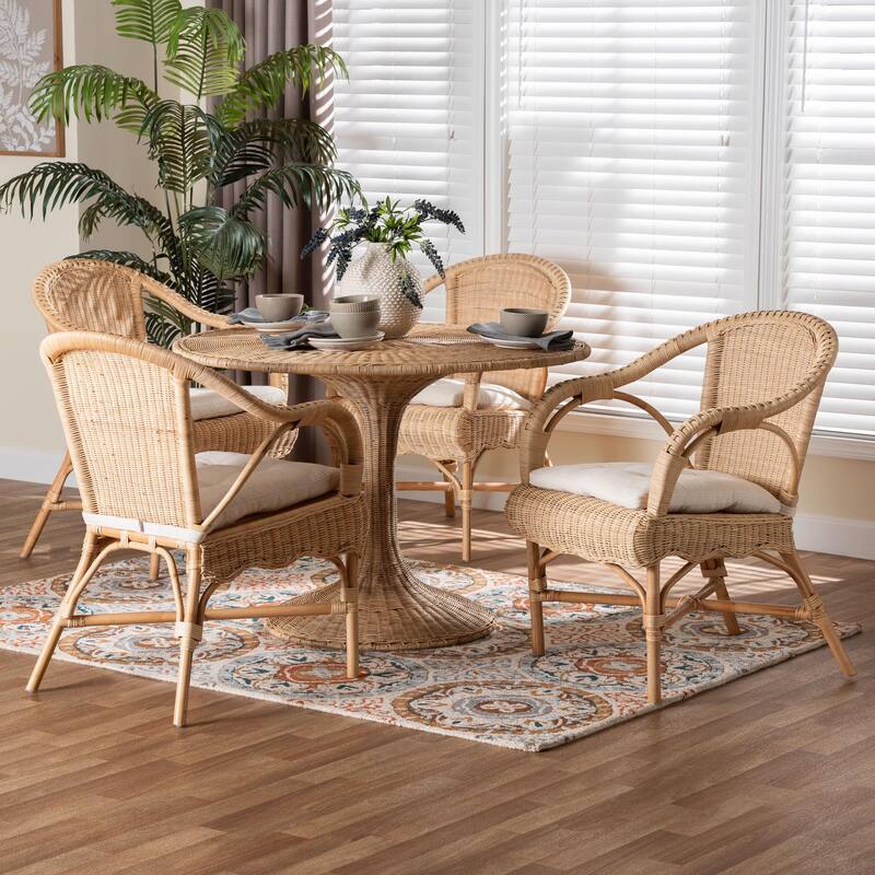 Liam 5-Piece Natural Rattan Dining Set - Handwoven Wicker Dining Furniture with Cushioned Seats, Boho Coastal Dining Room Set