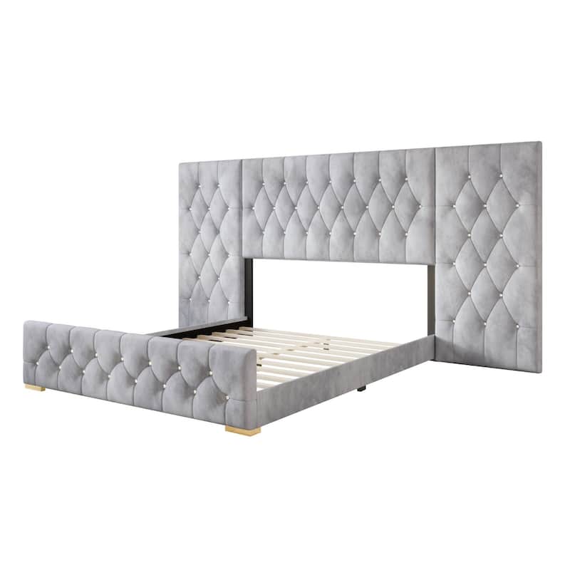 CraftPorch Luxurious Velvet Tufted Platform Bed with Wall Panels