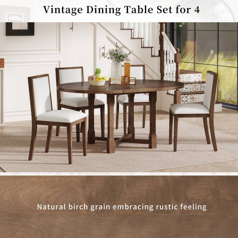 5-Piece Extendable Dining Table Set for 4, Round Dining Table for 4 with Upholstered Chairs, Farmhouse Kitchen Table Set