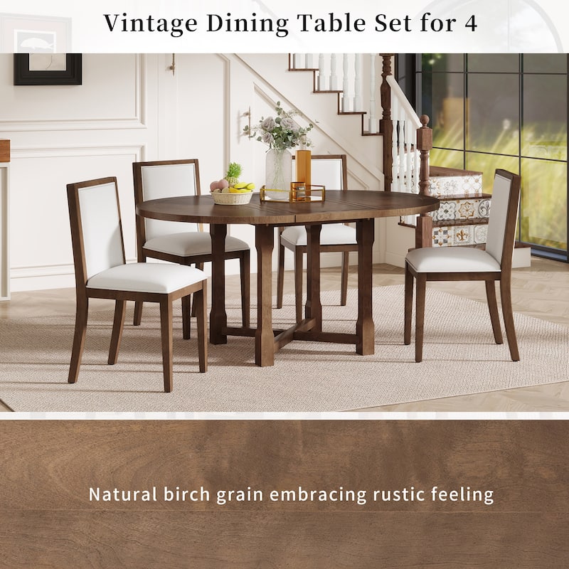 GDFStudio - 5-Piece Extendable Round Dining Table Set with 4 Upholstered Chairs, Kitchen Table with Removable Leaf