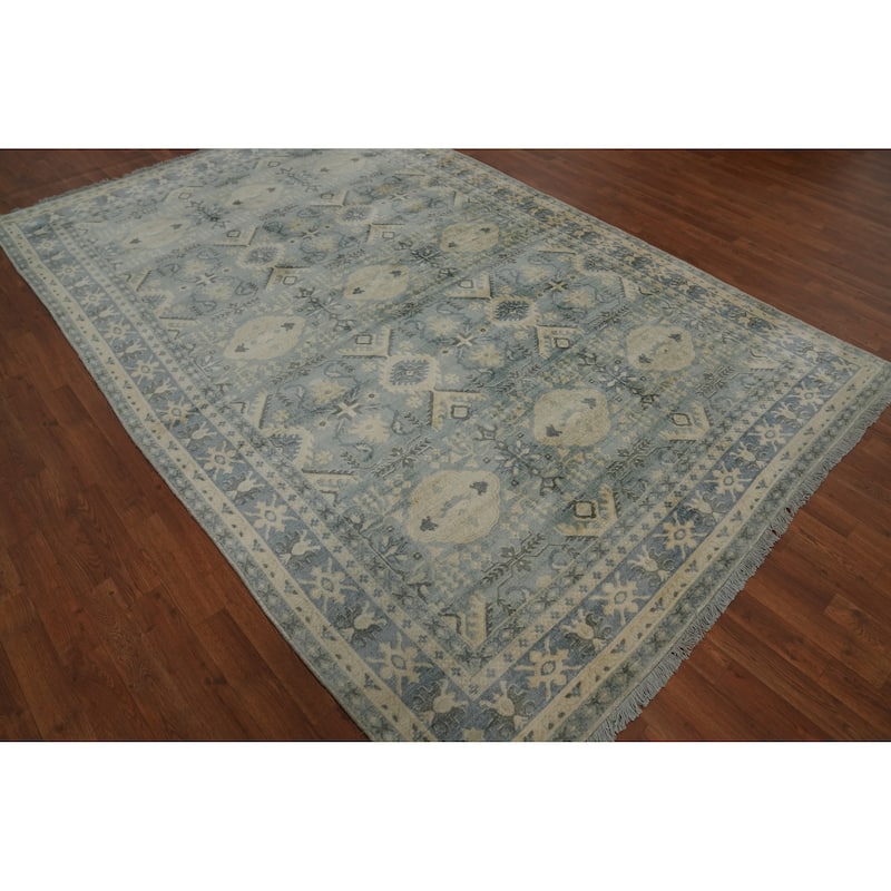 Hand-knotted Transitional Silk Carpet Blue Oushak Rug Geometric Oriental Area Rug - 9' 10'' X 6' 6''