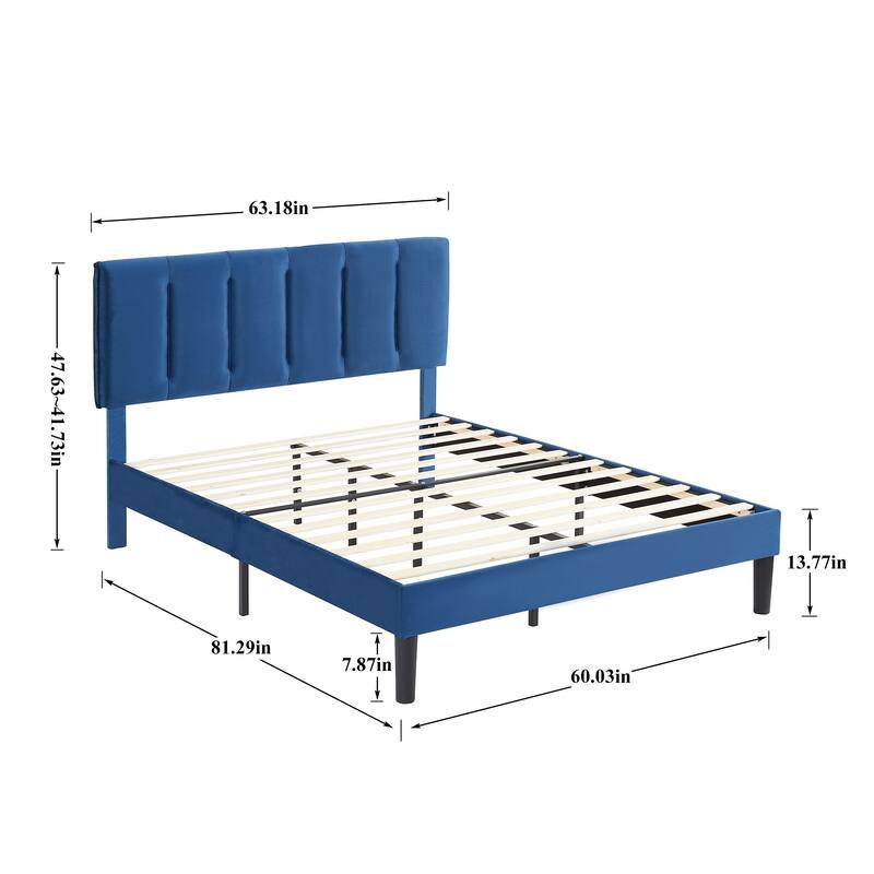 VECELO 3-Pieces Tufted Upholstered Platform Bed Frame with Adjustable Height Headboard and Nightstands Set of 2, Dark Blue