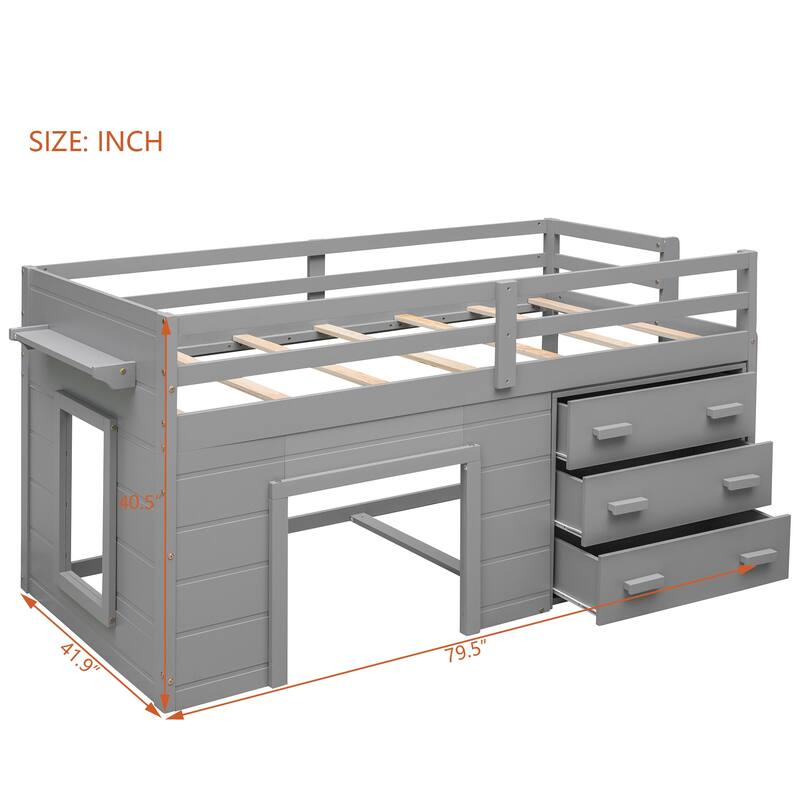 Twin Size Loft Bed with Built-in Cabinet and Shelf, Wooden Low Loft Bed with Guardrails, No Box Spring Needed