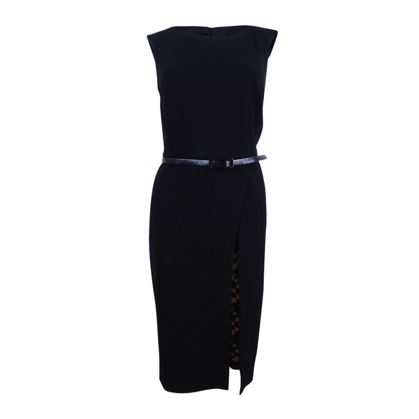 Connected Women's Petite Belted Lace-Slit Dress - Black/Gold